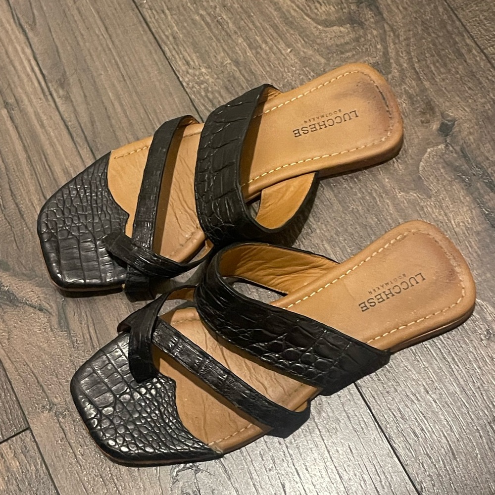 Lucchese Black Croc-Embossed Leather Slide Mules